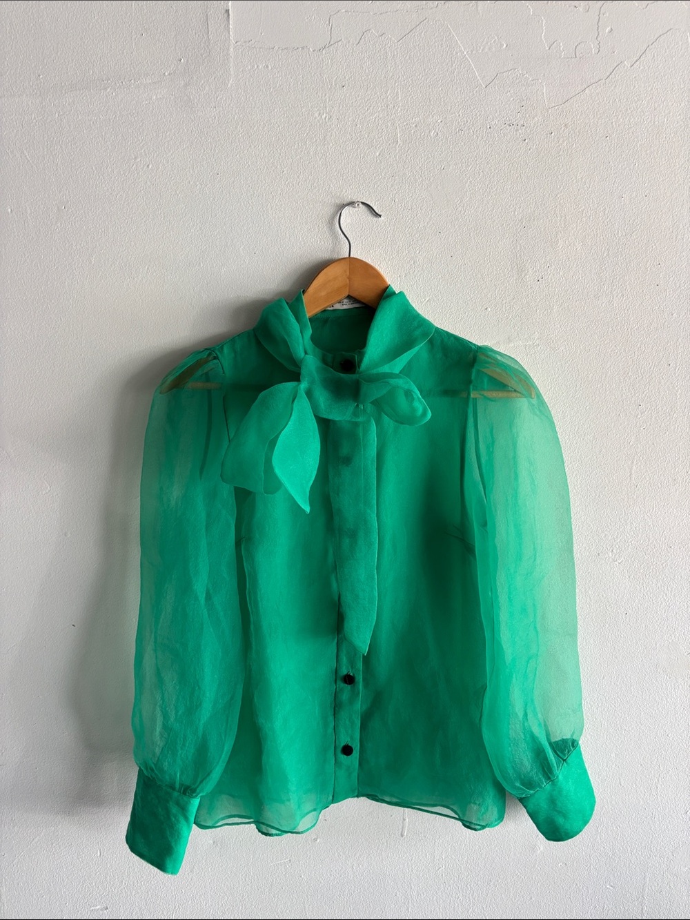 Zara Emerald Sheer Bow-Neck Blouse - Women Tops